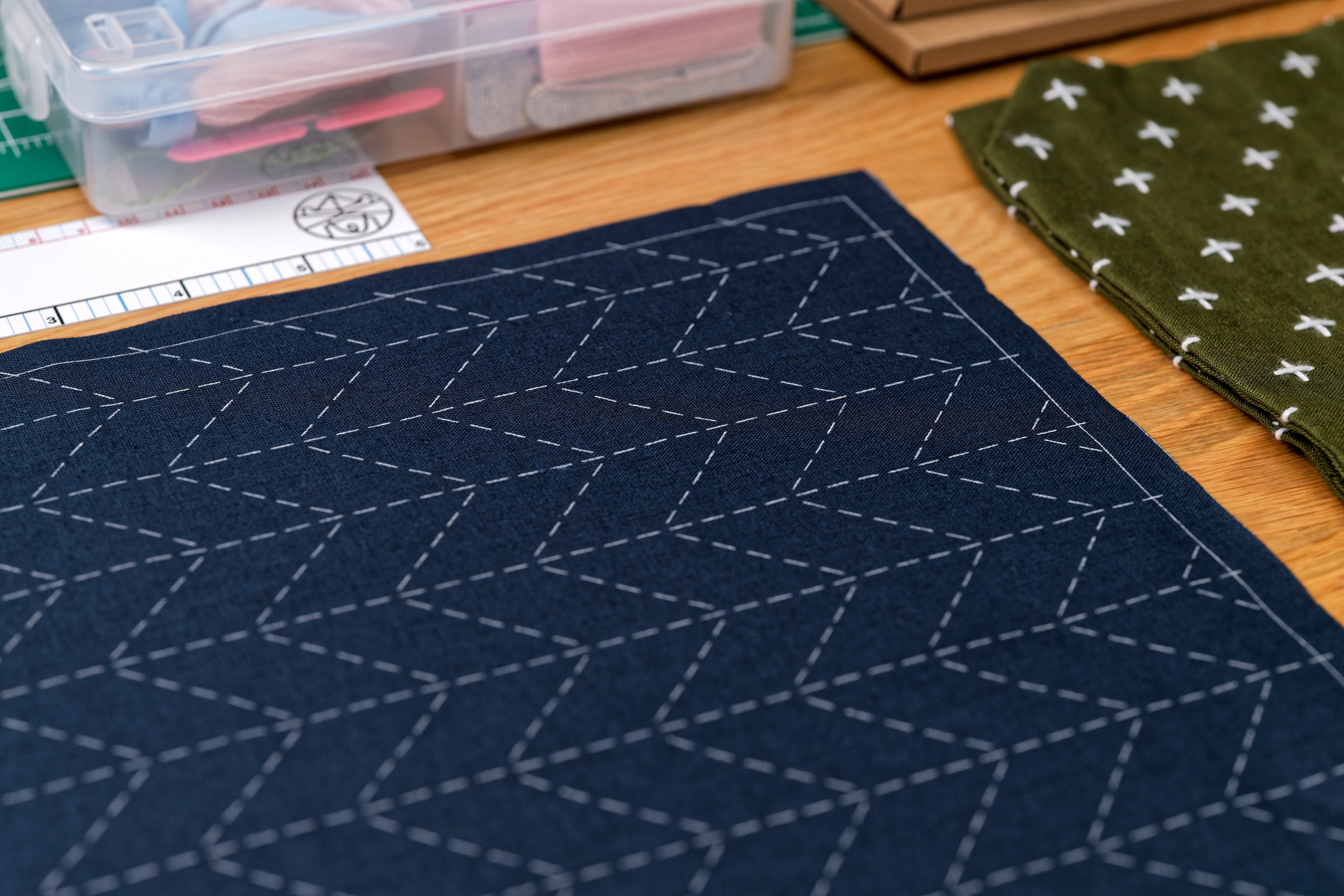 Sashiko Cloth with Disappearing Lines (Blue/Chevrons)