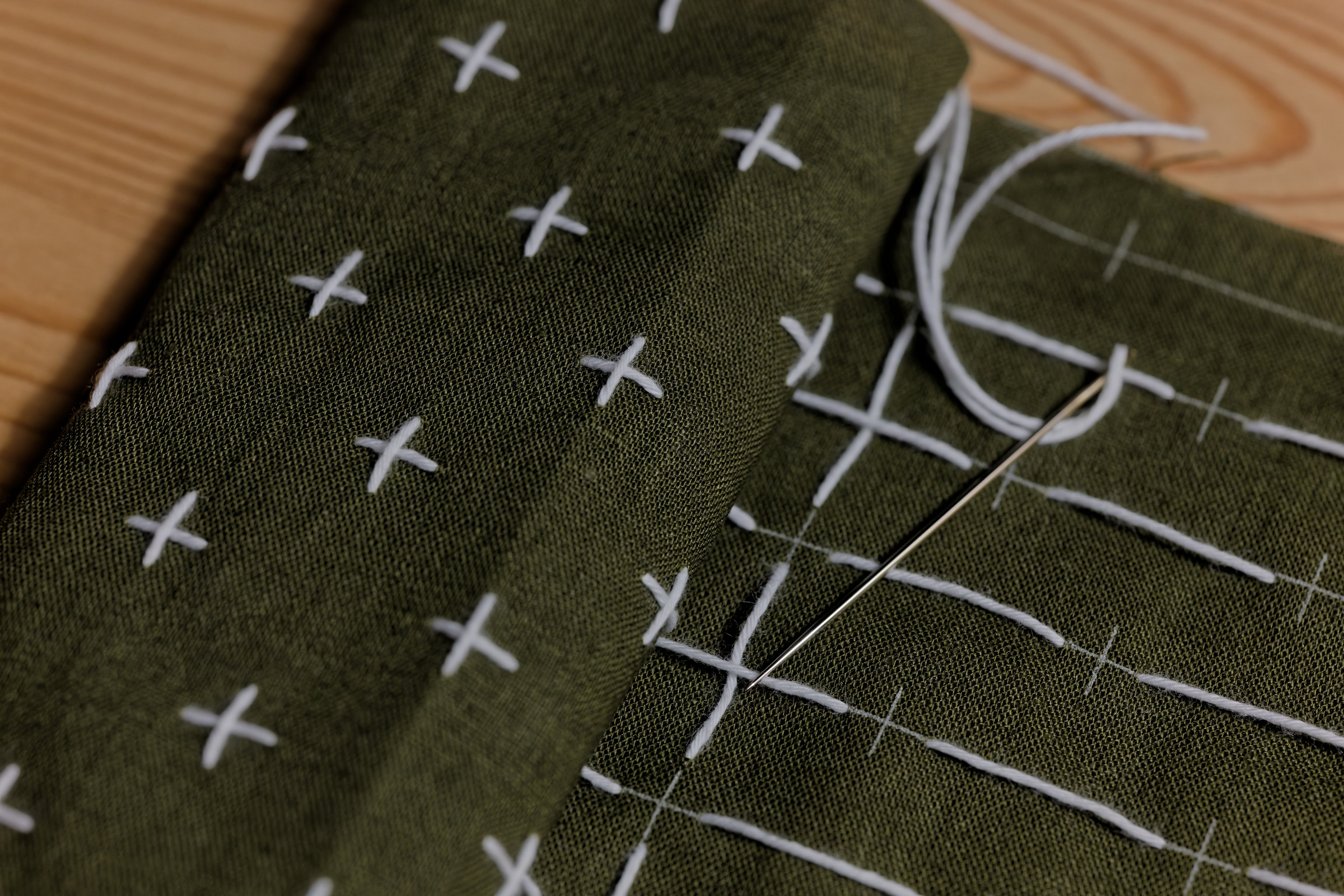 Sashiko Cloth with Disappearing Lines (Green/Crosses)