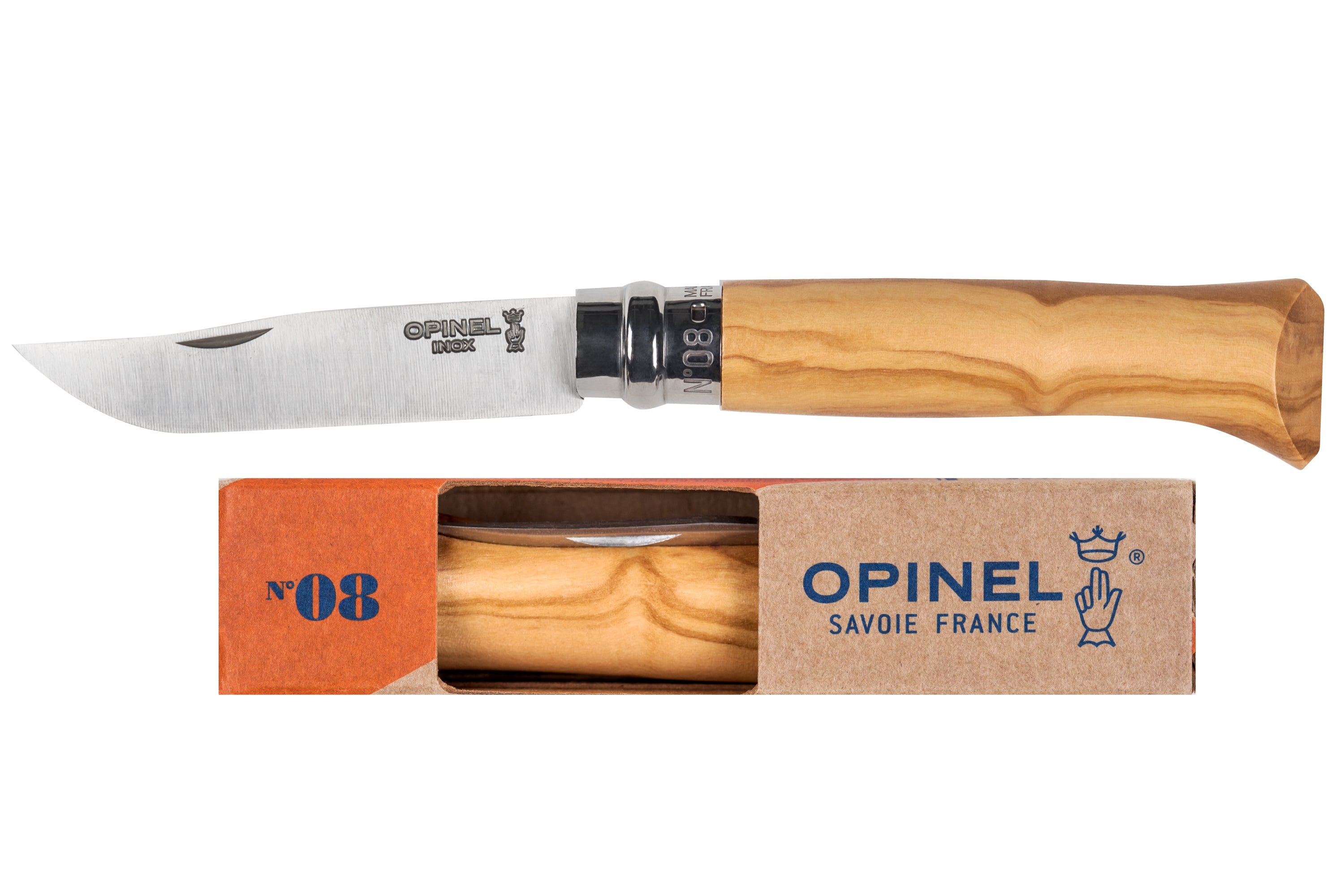 Opinel No. 08 Stainless Folding Knife, Olive Wood