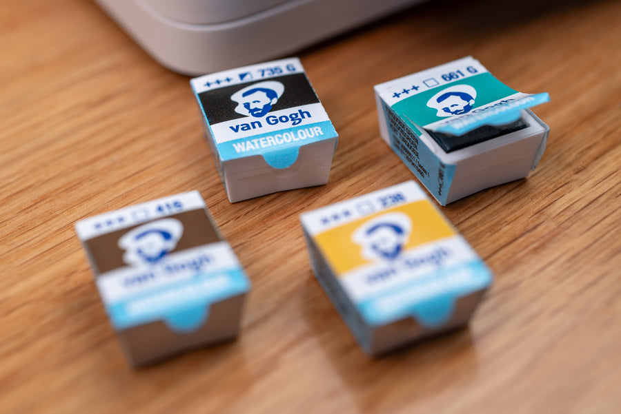 Van Gogh Empty Watercolor Box, 12 Slots + Travel Brush (Midnight Blue)