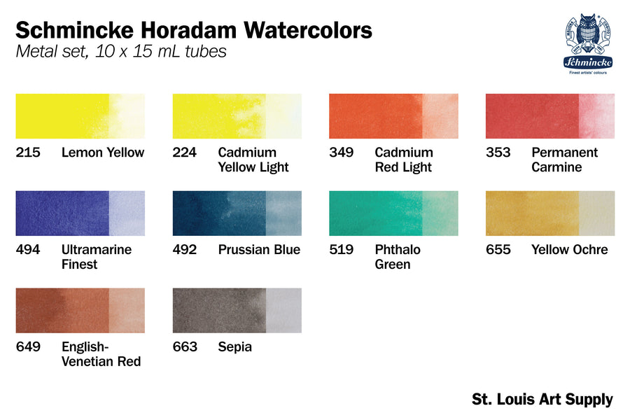 Schmincke - Horadam Watercolors, 15 mL Tubes, Set of 10 - St. Louis Art Supply