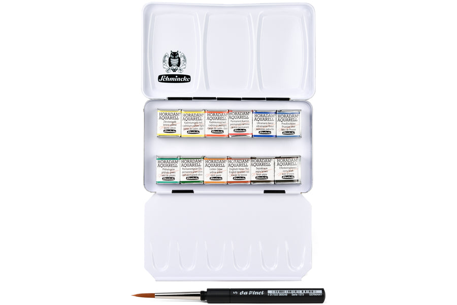 Horadam Watercolors, Set of 12 Half Pans with Travel Brush